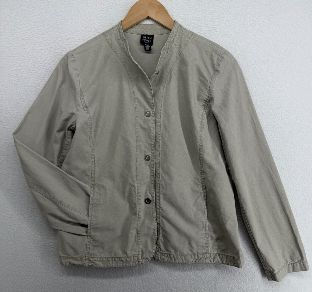 EILEEN FISHER Jacket PM Petite Washed Cotton Canvas Snap Front Band Collar Gray